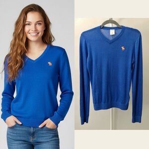 NWT Abercrombie & Fitch Kids Relaxed Fit Casual Royal Blue V Neck Long Sleeves